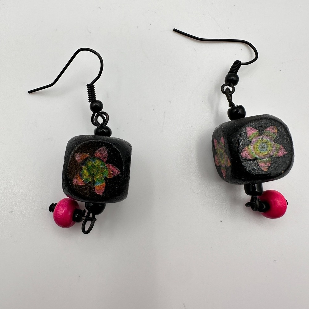 Vintage Y2K Floral Wooden Cube Dangle Earrings Boho Women's Classic Jewelry